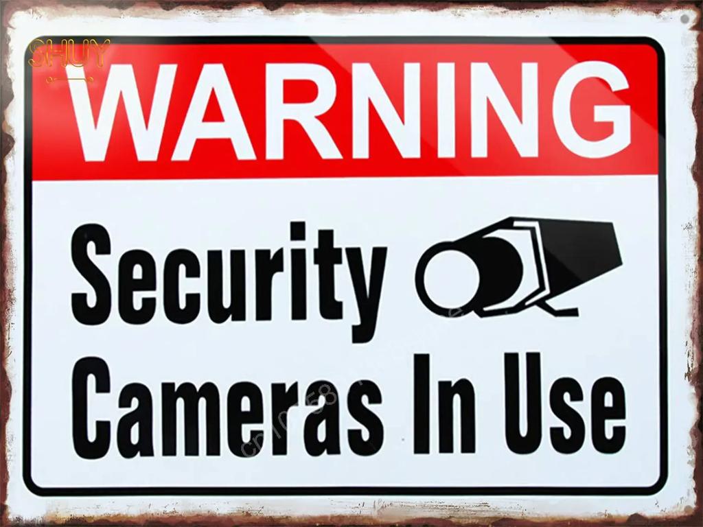 Retro Metal Tin Sign S Warning Red 24 Hour Video Surveillance Custom Painting Picture for Shop Bar Cafe English &Spanish Word