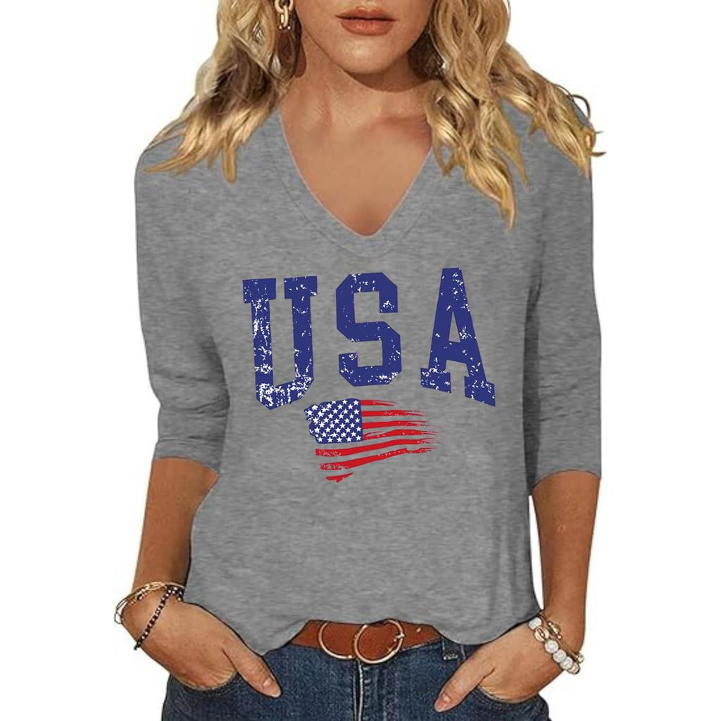 Women Casual V Neck Long Sleeve Top USA Letter Print Lightweight Loose Fit Pullover Shirt for Everyday Wear and Holiday Events