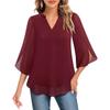 Women V Neck Chiffon Blouse With Split Three Quarter Sleeves Casual Layered Top