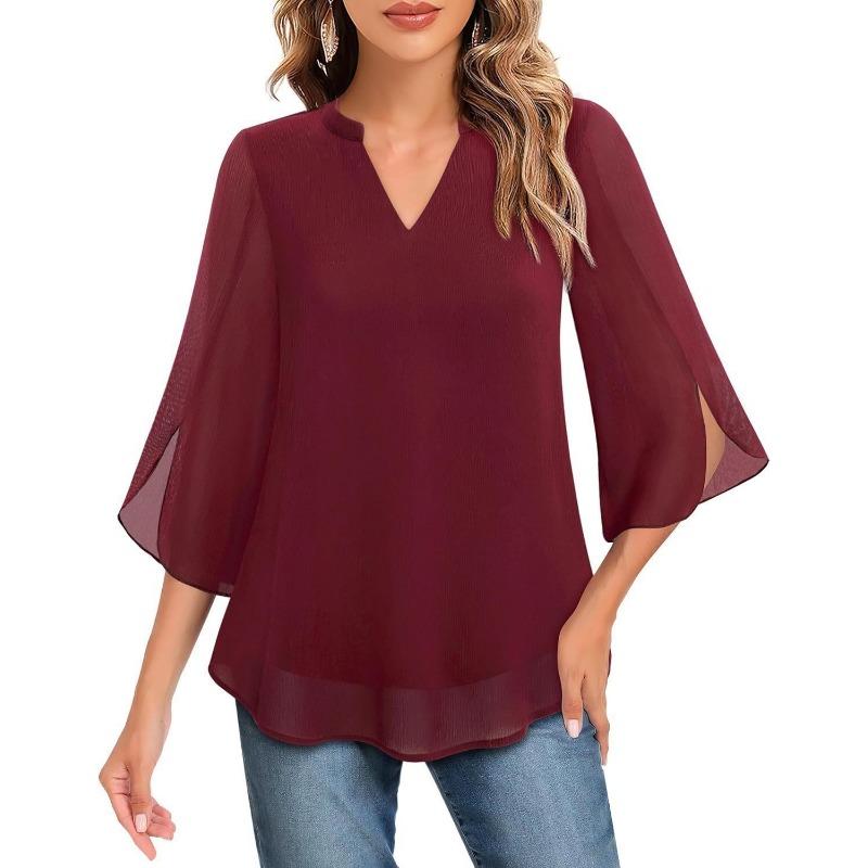 Women V Neck Chiffon Blouse With Split Three Quarter Sleeves Casual Layered Top