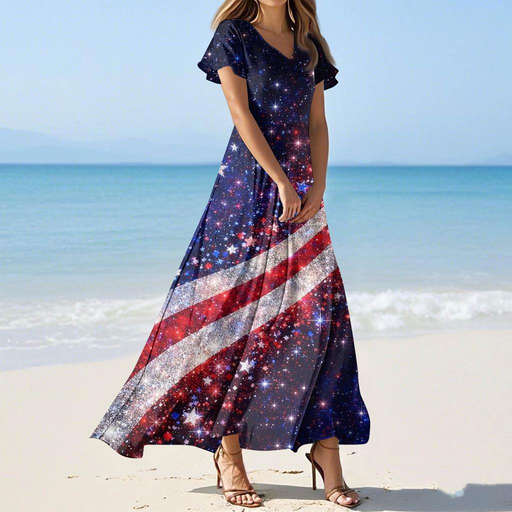 Dámské letní ležérní módní šaty s barevným potiskem Šaty s krátkým rukávem s výstřihem do V