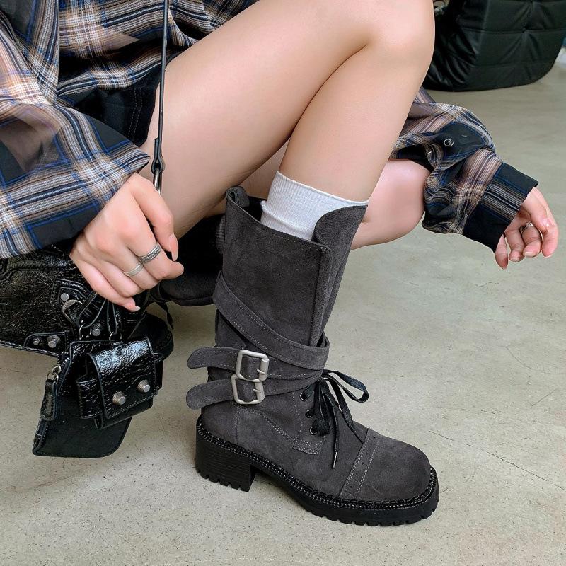 Cowhide Version~ Retro Knight Boots Women's Thick-soled Thick-heeled Martin Boots Belt Buckle Mid-tube Western Cowboy Boots Locomotive Boots