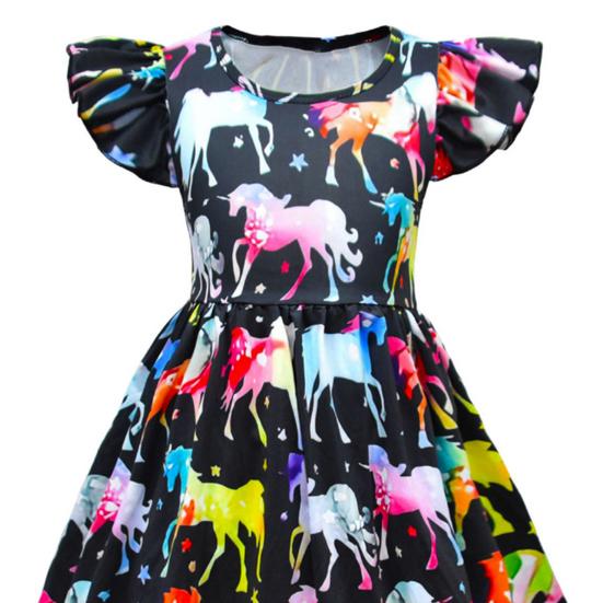 Colorful Cartoon Print Princess Dress Short Flying Sleeve Ruffle Dress for Girls Elastic Waist Long Dress for Daily Wear Birthday Photoshoot