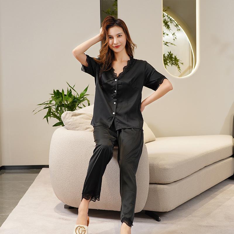 Spring, Summer and Autumn New Sexy Thin Cardigan Short-sleeved Pants Black Lace Pajamas for Women