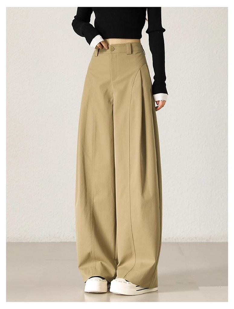 Women's High-Waisted Khaki Wide-Leg Pants with Side Pleats - Slimming, Trendy Fashion for Spring & Autumn 2025