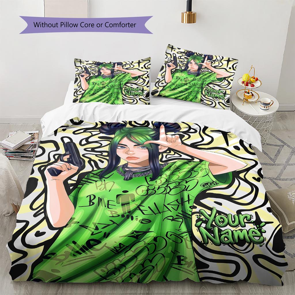 Custom Name Billie Eilish Bedding,Quilt Set Quilt Cover Pillowcase Home Birthday Gift(1 * Duvet Cover + 2 * Pillowcase, Without Core) -HE34