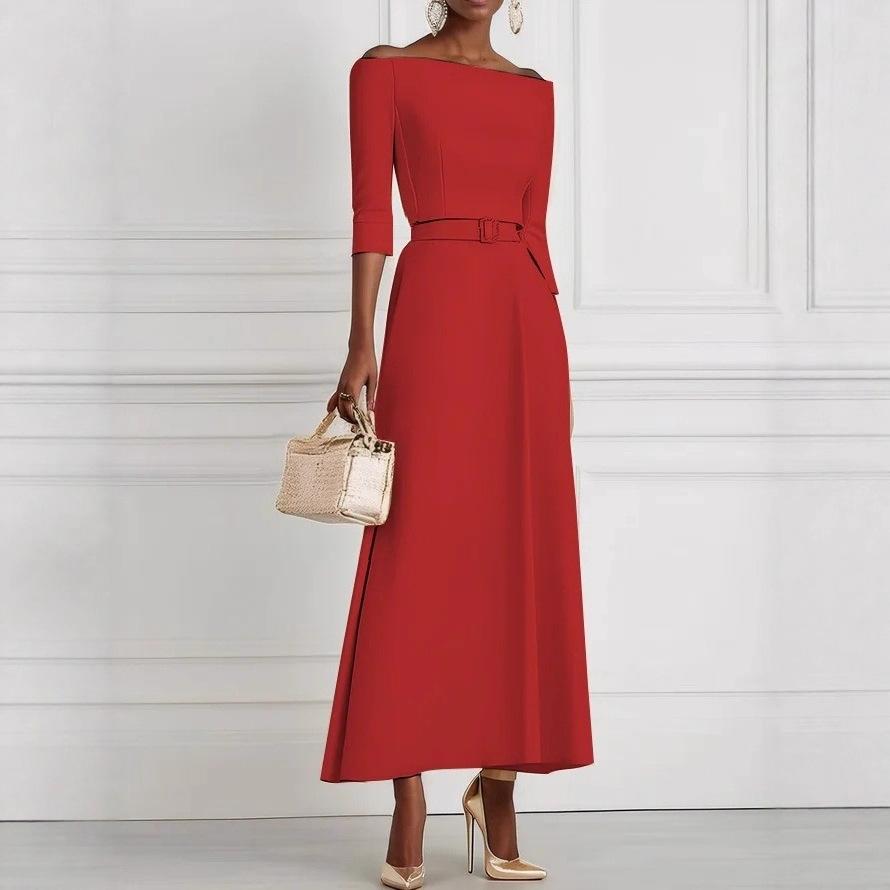Women's clothing, spring and summer solid color fashion temperament waist one-word shoulder dress women