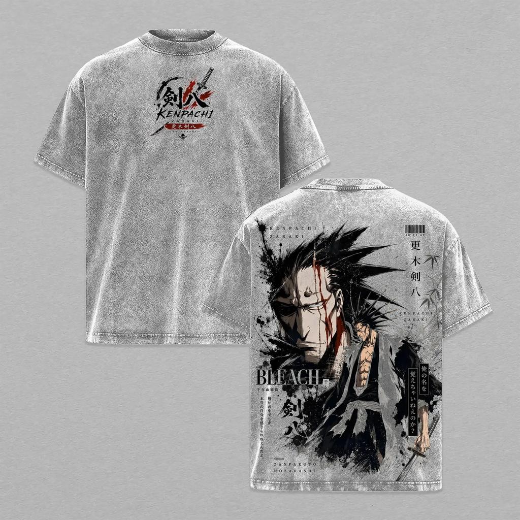 BLEACH Zaraki Kenpachi T-shirt Trendy Anime Vintage Washed Oversized T Shirt Summer Short Sleeve Cotton Tees Tops Men's Clothing