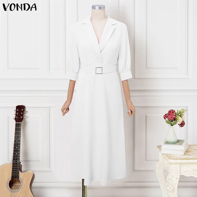 VONDA S-5XL Women V Neck 3/4 Sleeve Slim Waist Elegnat Casual Maxi Dress