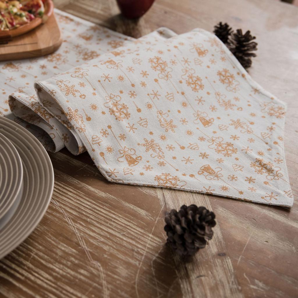 Cotton Linen Christmas Table Runner Gold Snowflake Print Cloth Xmas Wind Chimes Tablecloth for 4 6 8 Seat