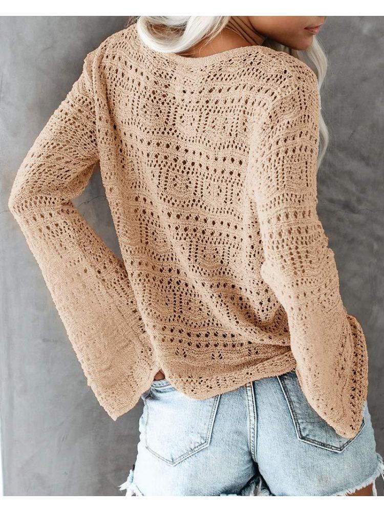 Summer Beach Bohemian Sweater Women's Strapless Hollow Flared Sleeve Drawstring Design Comfortable Knitted Undercoat Top