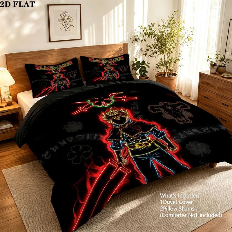 Black Clover Pattern Bedding Quilt Set Quilt Cover Pillowcase Home Birthday Gift(1 * duvet cover + 2 * pillowcase, without core)