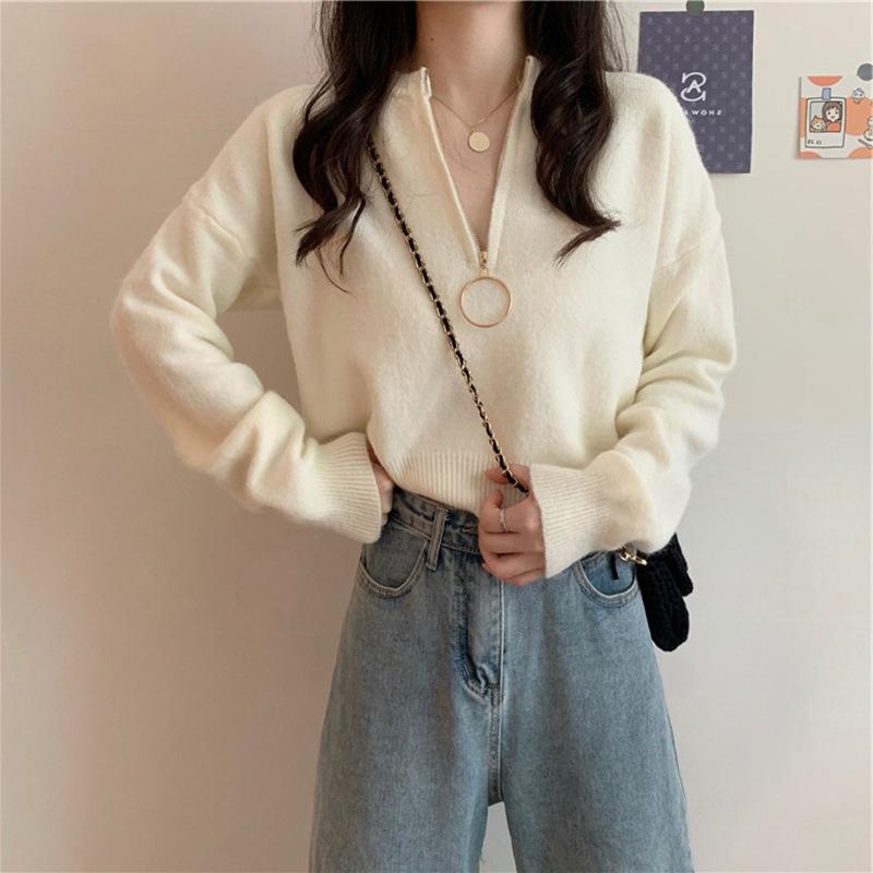 Small casual style design zipper sweater women s autumn and winter loose pullover knitting one size fits all