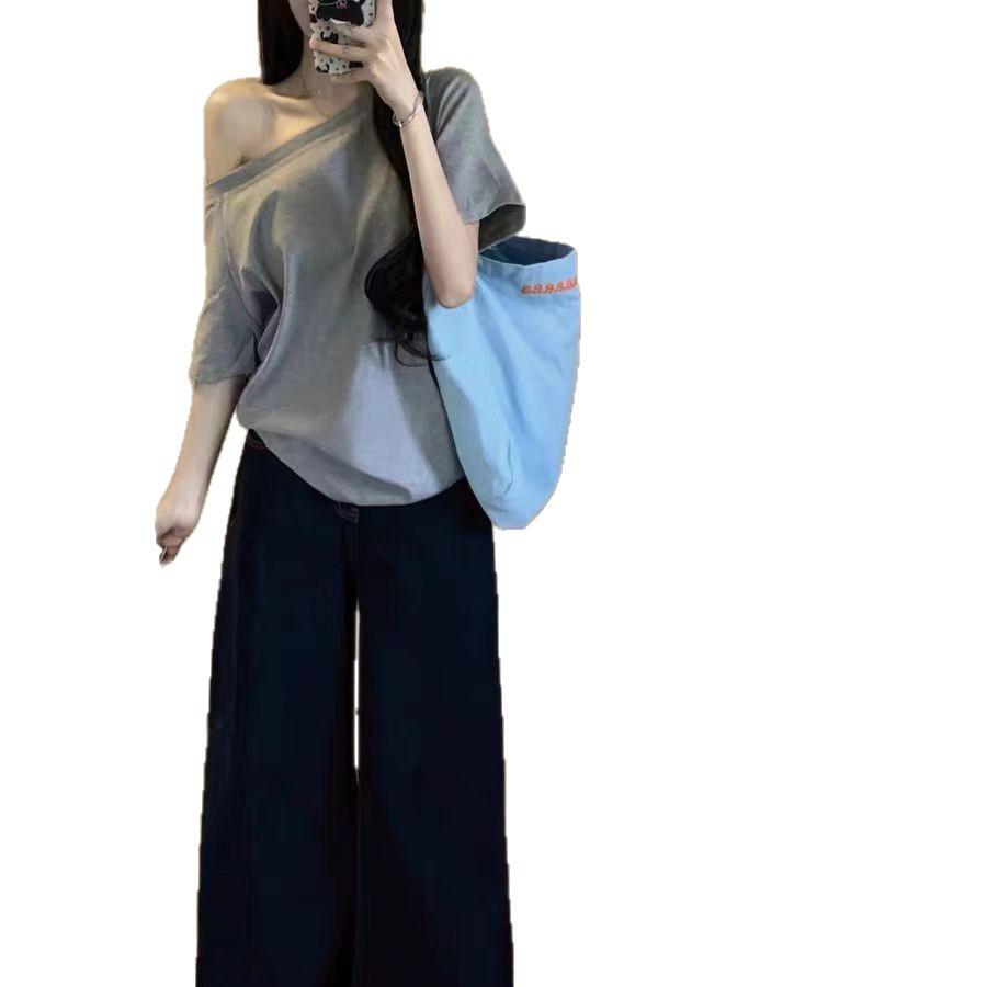 Korean slanted shoulder slack off-shoulder short-sleeved t-shirt women's summer loose lazy babes student bottoming top