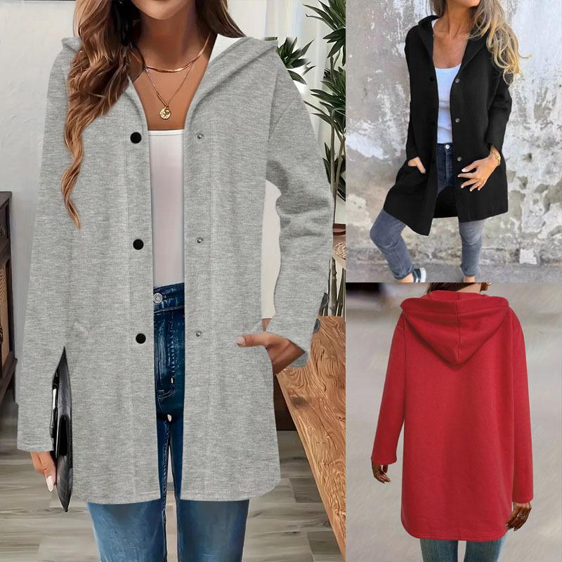 TikTok Amazon Cross-border Foreign Trade Autumn and Winter Large Size Solid Color Hooded Jacket Thickened Single-row Button Women's Top