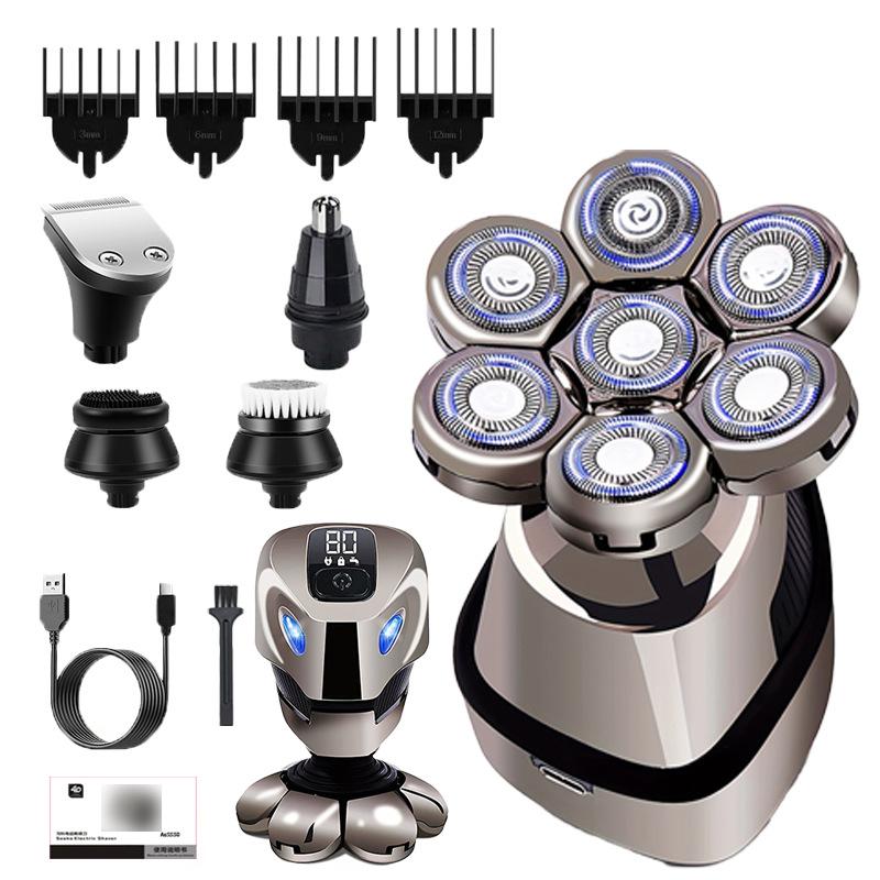 

Бритвы для мужчин 5 в 1, бритва для лысины, электрическая бритва с 7 головками для мужчин, гладкая водонепроницаемая беспроводная бритва для лица и головы With accessories серый