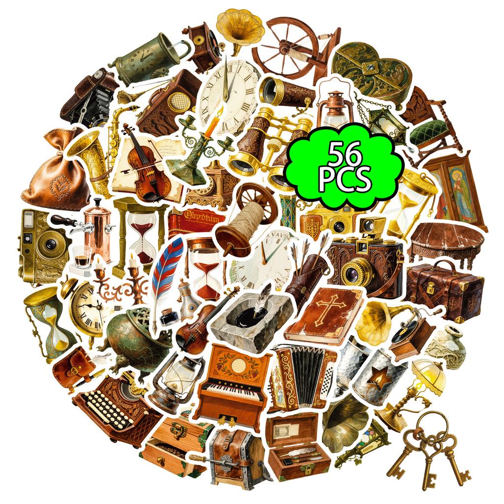 56 Retro Style Home Old Objects Graffiti Stickers Camera Clock Waterproof Decorative Stickers