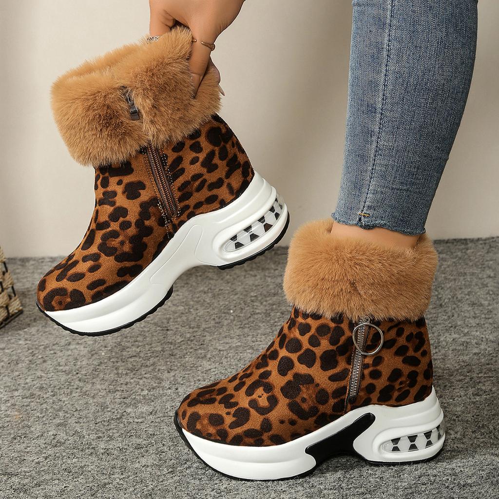Winter Damen Warme Sneaker Plateau Schneestiefel Damen Leopard Knöchelhohe Stiefel Weibliche Plüsch Freizeit Schuhe Seitenreißverschluss Kurze Stiefel