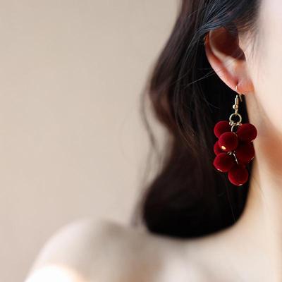 Ancola Red Flocked Round Tassel Earrings - Retro Minimalist, Versatile, and Elegant.