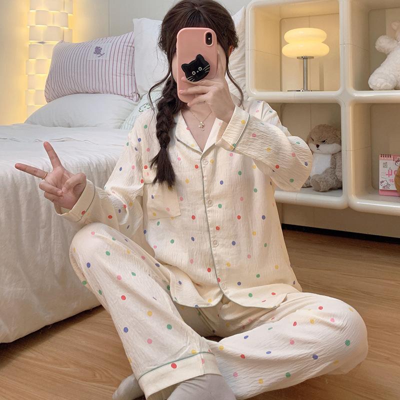 Autumn Simple Style Colored Small Polka Dot Loungewear Cloud Cotton Pajamas Women'S Long-Sleeved Suit Can Be Worn Outside
