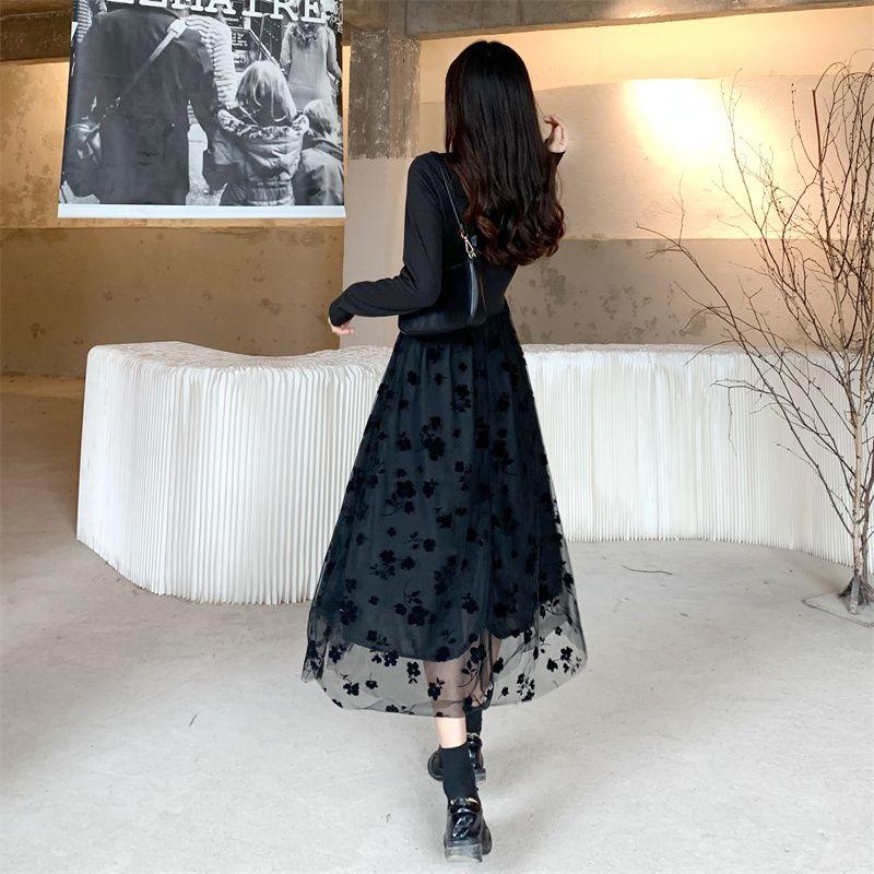 spring autumn Mesh splicing black bodycon Dress korean elegant square neck long Sleeve loose Ladies dresses Women party vestidos