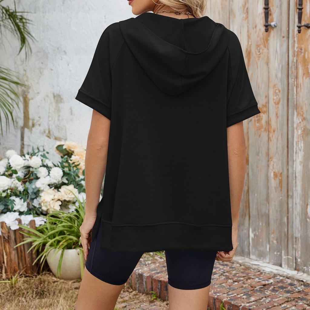 Damenmode, einfarbig, mit Kapuze, locker, kurzärmelig, Reißverschlusstasche