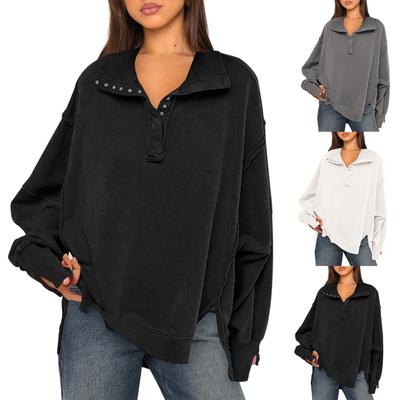 Womens  Oversized Loose  Sleeve Button Collar Pullover Sweatshirts Tops