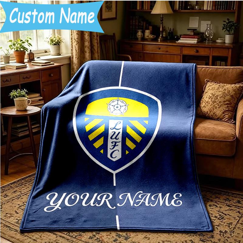 Custom Name Leeds United Crest Design Blanket Bedding Blanket for Women Men, Soft Throw Blankets for Couch,Bed, Picnic, Christmas Gifts
