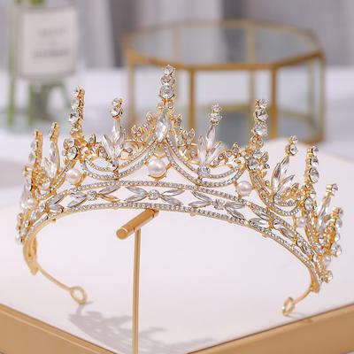 Corona Dorata da Sposa Principessa Copricapo Compleanno Fascia di Strass Gioielli per Capelli da Matrimonio Tiare Nuziali di Perle Copricapo Vintage