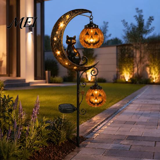 Doces ou Travessuras Acentos para Jardim Externo Halloween Luminária Solar de Estaca para Jardim, Gato Preto Abóbora na Lua Crescente com Lanterna Pendurada para Decoração de Caminho Assustador,