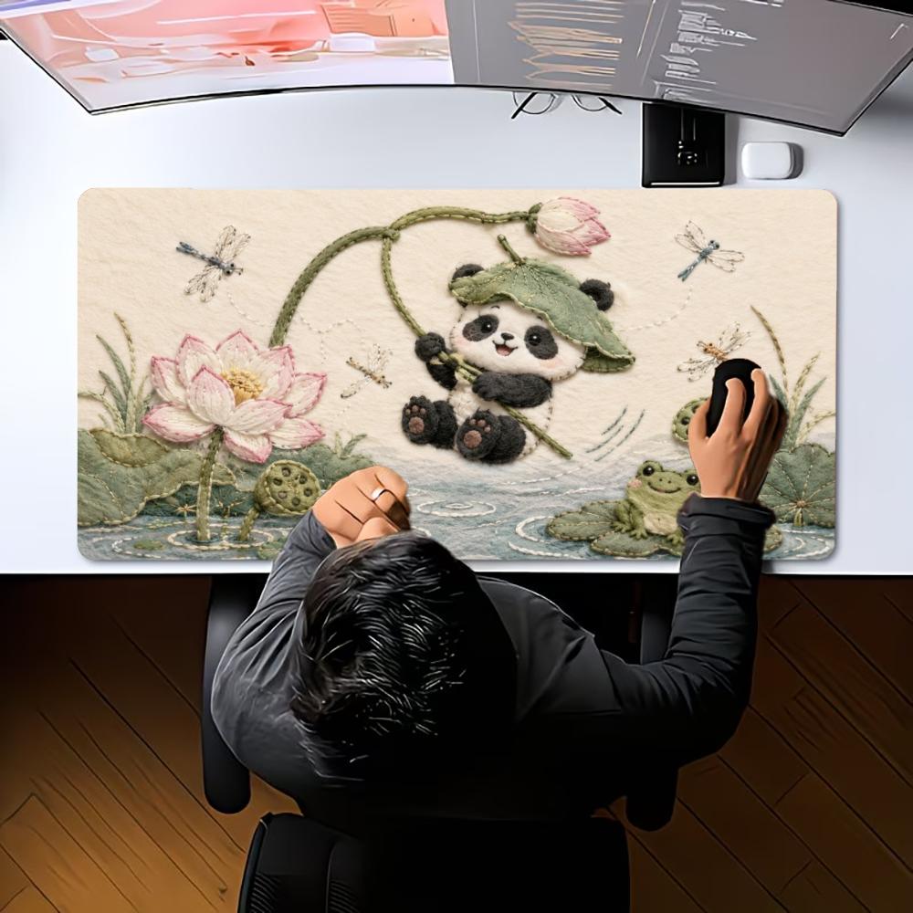 Large XXL Computer Deskpad Lovely Panda Lotus Koi Fish Painting Design Rubber Anti-slip Gaming Keyboard Mouse Mats For Desktop