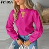 VONDA Women Fashion Stand Collar Long Sleeve Solid Color Blouses