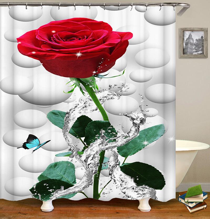 3D Rose Flower Shower Curtain Set Non-Slip Rugs Bath Mat Toilet Lid Cover and 12 Hooks Waterproof Polyester Bathroom Decor