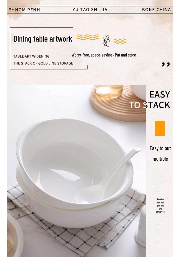 High-Quality White Bone China Double Ear Noodle Bowl – Stylish, High-Temperature Resistant, Deep Plate for Young People