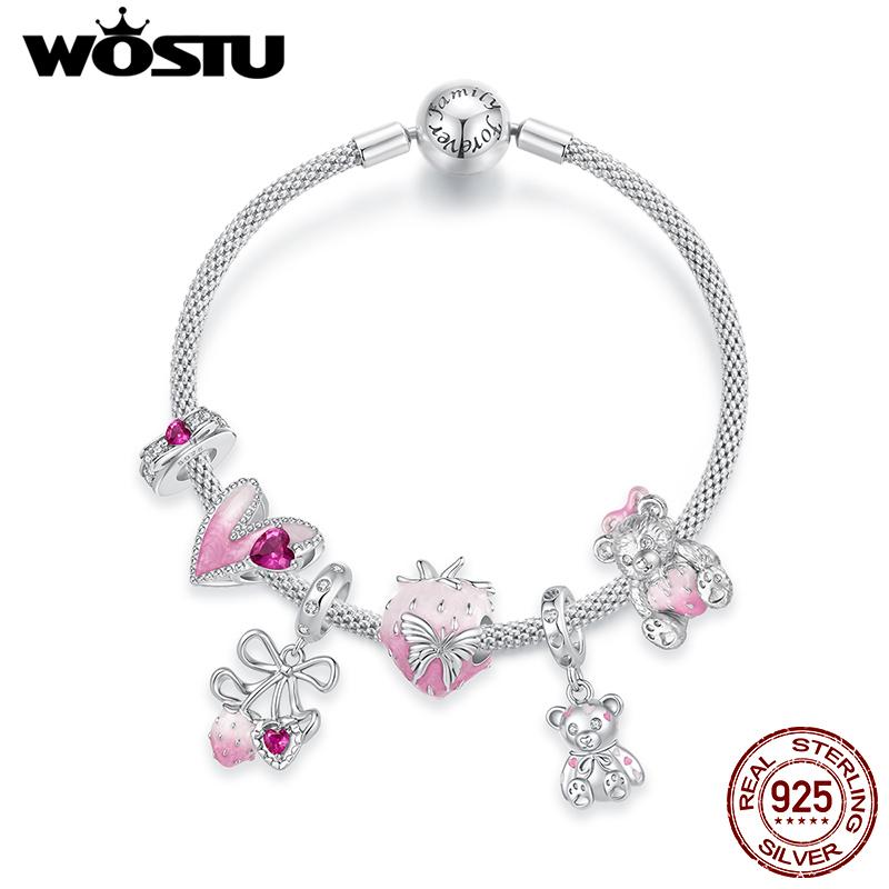 WOSTU Real 925 Sterling Silver Pink Charms Bear Strawberry Heart Beads Fit Original Bracelet Enamel Fine Jewelry Gift For Girl