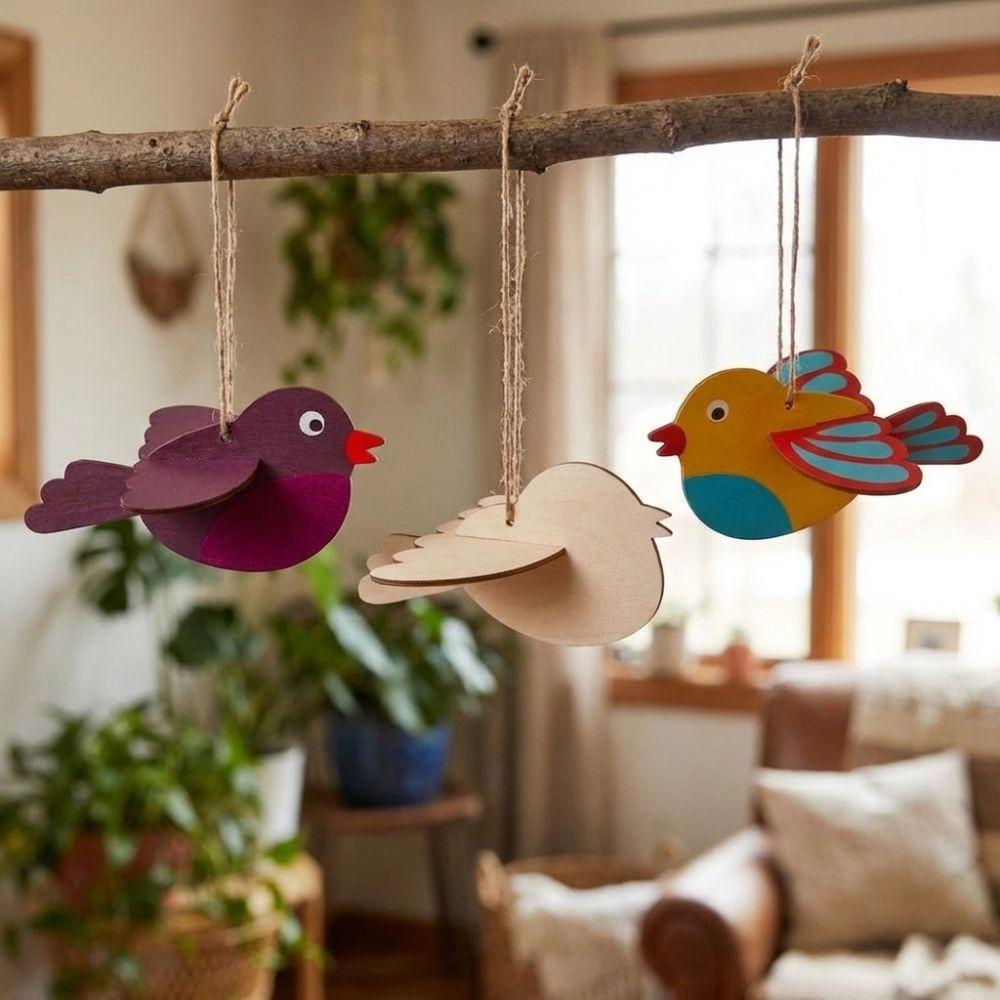 Unfinished Wooden Bird Craft Kit with Rope Handmade 3D Wood Bird Ornament with Wings Painting DIY Bird Hanging Decor