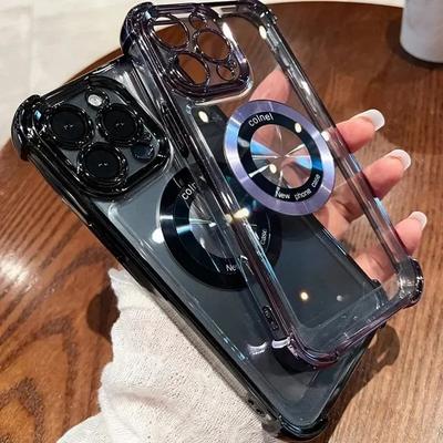 Funda de lujo para teléfono Magsafe con carga inalámbrica, funda magnética transparente para iPhone 11, 12, 13, 14, 15, 11 Pro Max