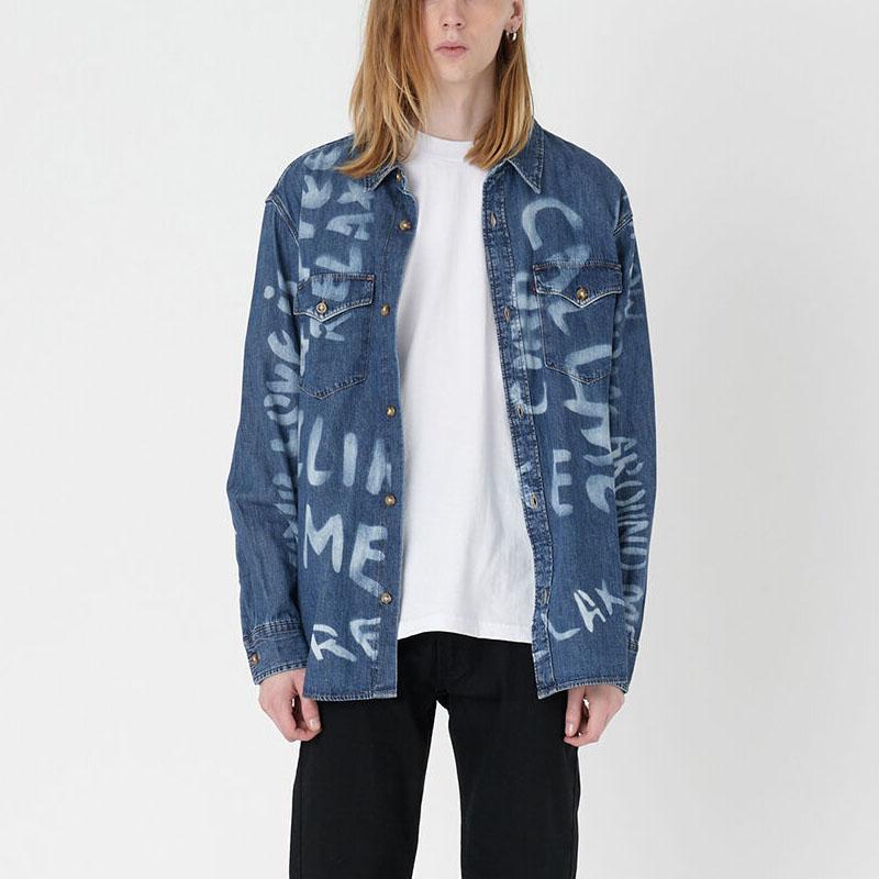 Levis Letter Embroidered Button-Down Denim Long Sleeve Shirt Men shirts Indigo-Blue A1919-0023