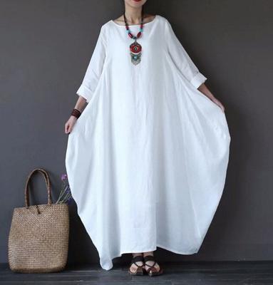 Plus Size Women Round Neck Cotton Linen Dress Long Sleeves Solid Color Retro Dress Summer Loose Maxi Dresses