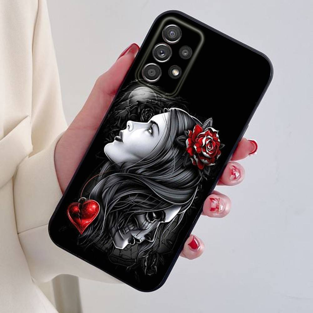 

Catrina Beautiful Rose Girl Skull Phone Case For Samsung S25,24,21,22,23,30,Ultra,20,Plus Black soft silicone case SamsungS25u