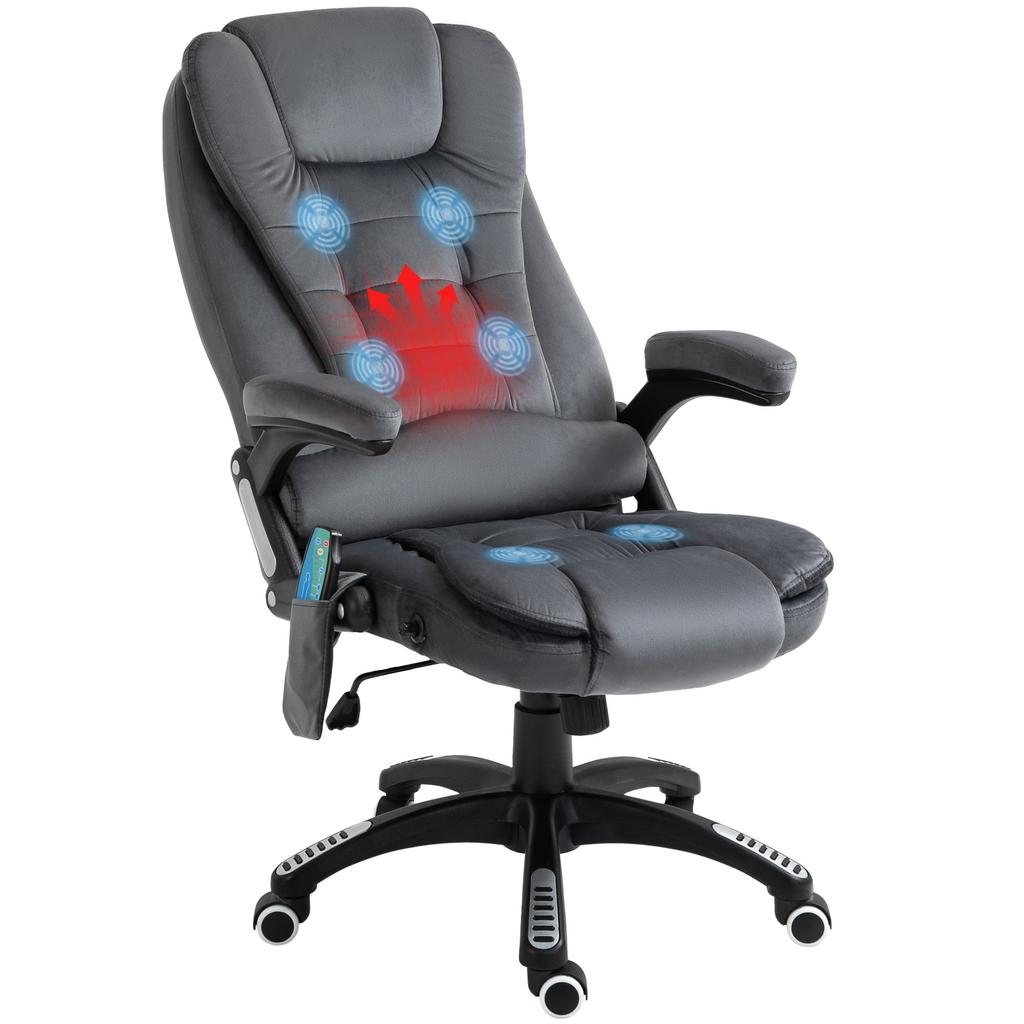 Massage Recliner Chair Heated Office Chair with Six Massage Points Velvet-Feel Fabric 360 degrees Swivel Wheels Grey