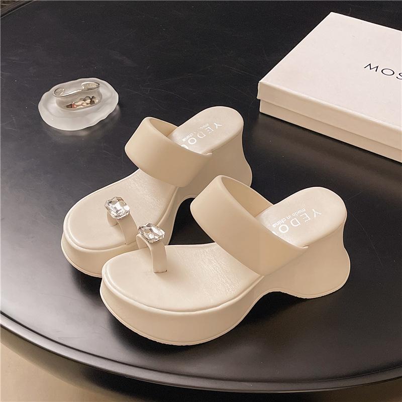 

высокие шлепанцы с открытым носком и стразами, на танкетке голубиное яйцо , высокие шлепанцы, маленькие сандалии, мягкая подошва, пляжная обувь 40 бежевый