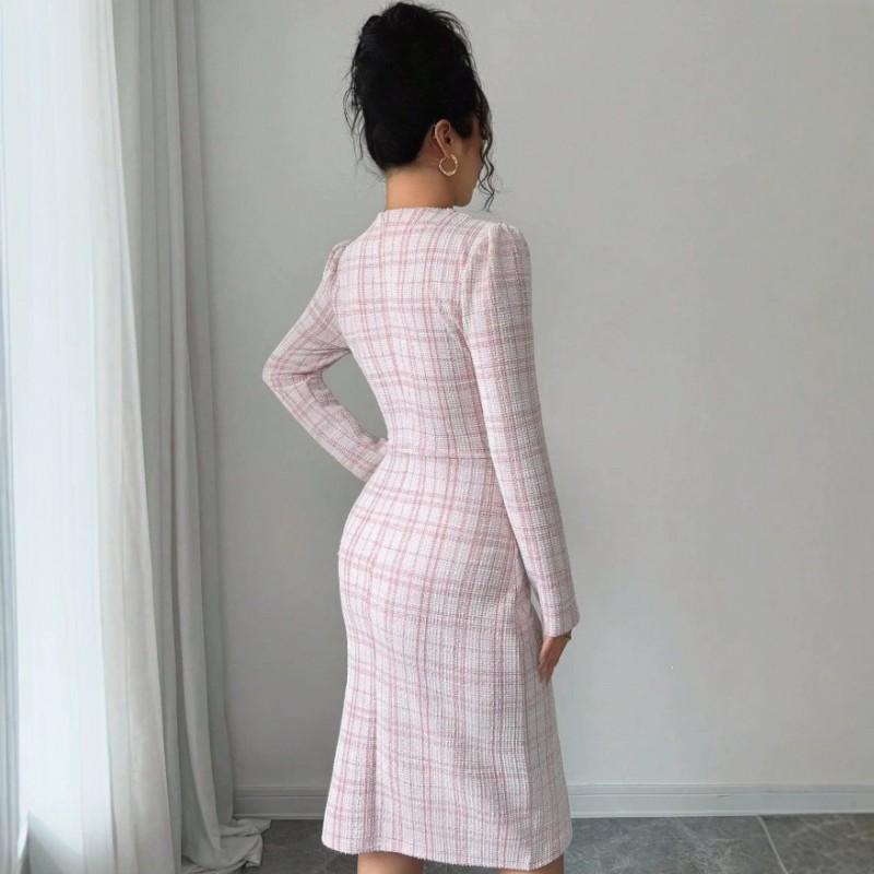 2026 Womens Pink Slim Fit Elegant Dress Square Neck Long Sleeve A Line Mini