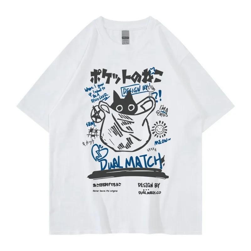 

Футболки унисекс с героями мультфильмов, лето 2023, Harajuku Kawaii, футболки с короткими рукавами и принтом кота для женской пары, уличная одежда, свободная одежда, топы Y2K XL белый
