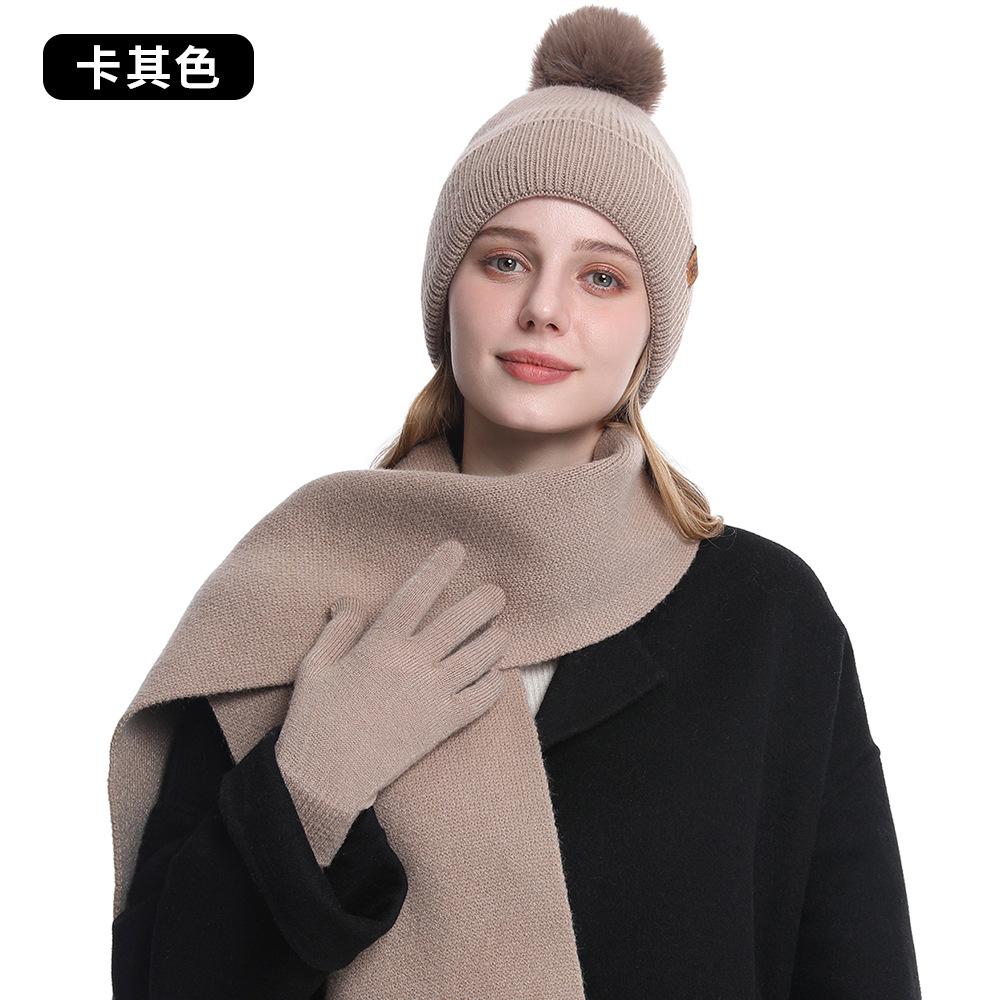 Knitted hat, women's winter double-layer velvet warm riding ear protection wool knitted hat scarf gloves three-piece set