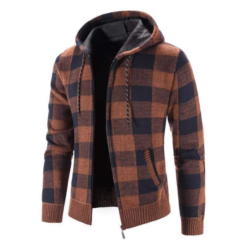 Men's Fall and Winter Knitted Zipper Jacket Hooded Plaid Jacket Outdoor Windproof Knitted Cardigan