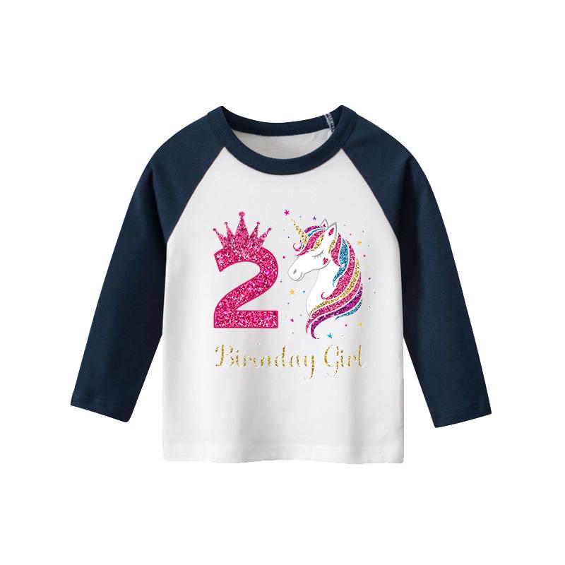 

Детская футболка с длинными рукавами и принтом на день рождения для девочек, от 1 до 9 лет, круглый воротник для девочек, весенне-осенний лоскутный цветной топ