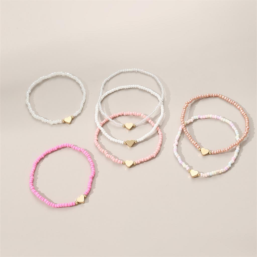 7Pcs Colorful Rice Beads Bracelet Peach Heart Beaded Bracelet Fashionable Love Heart Stacked Hand Zircon Gift for Women Girls