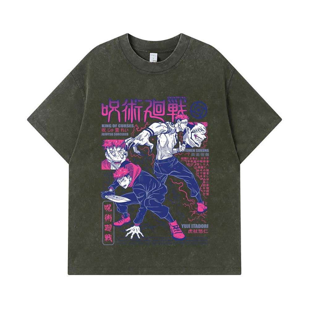 

275 GSM Washed T-shirts 100% Cotton Jujutsu Kaisen V34 Yuji Sukuna Print Unisex Heavy Cotton T Shirt S армия зеленый