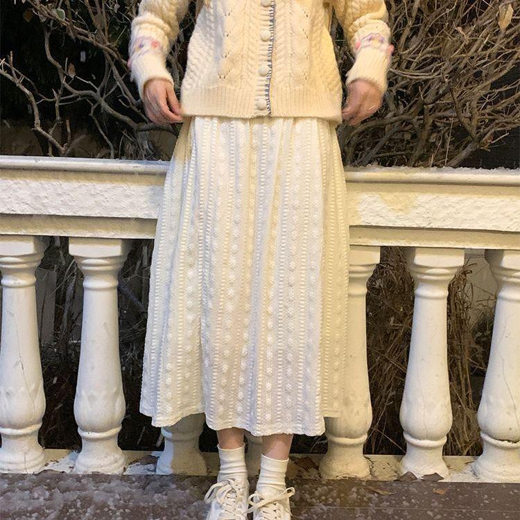 Autumn Winter Women's Jacquard Lace Midi Skirt Tea Outfit Style Elegant French A-Line White Skirt